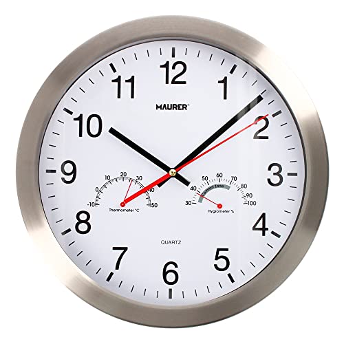 MAURER 5152010 Reloj De Pared Ø 30 cm. con Higrometro y Termometro. Frontal En Acero, Multicolor, Extra Large Cover