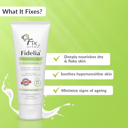Image of Fixderma Fidelia Nourishing Body Lotion | Moisturizer for face & Body | Body lotion for Women & Men | Body Lotion for Sensitive & Very dry skin with Rice Brain Oil & Aloe vera - 100Ml