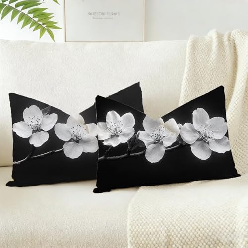 Fundas de Cojín 30x50 cm Juego de 2, Blanco Cojines Exterior Jardin Decorativas Impermeables Exterior Estilo Terciopelo Diseño de Funda Cojin, para Sofá Terraza Jardín Salón Dormitorio Flor D-525