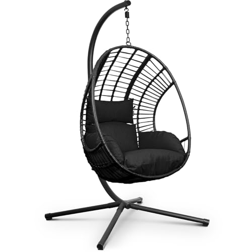 Swoods XXL Hängesessel mit Gestell - Hängesessel Für Indoor und Outdoor - Inkl. Kissen - Egg Chair - bis 150kg (Black)