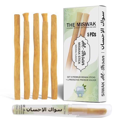 AL-IHSAN SEWAK - 5 Pieces Natural Miswak Sticks - Strong Aroma Traditional Toothbrush - Peelu Siwak with Holder Vacuum-Sealed Miswak for Teeth Cleaning and Fresh Breath - Oral Cleanliness Meswak