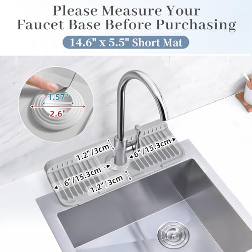 Image of PoYang 14.6 inch Faucet Mat for Kitchen Sink Splash Guard, 7 Slope Silicone Sink Water Splash Guard for Kitchen Sink Area with Snap, Long Sink Protectors for kitchen Sink Sponge Holder, Light Grey