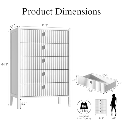 Image of Furniway White 5 Drawer Dresser, 31.5 inch Wide Modern Chest of Drawers with Fluted Front and Metal Handles, Storage Dresser for Bedroom, Living Room, or Entryway