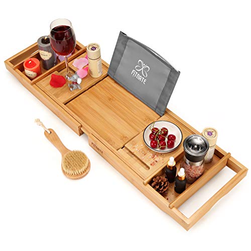 FITNATE Luxury Bathtub Tray, Wooden Bathtub Tray with Extendable Sizes, Adjustable, Non-Slip & Durable, Bathtub Tray Caddy with Wooden Body Brush for Luxury Bath or Reading,Distinctive Gift