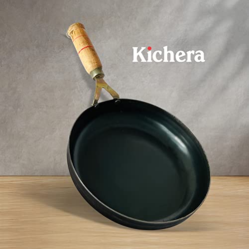 Image of Kichera Iron Fry Pan with Wooden Handle 24cm /10 inch, 1.5Ltr, 1kg | Gas Stove and Induction Friendly | Pre-Seasoned Black Flat Sheet Metal Iron Traditional Frying Pan