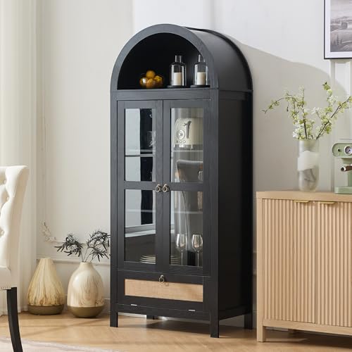 TYBOATLE 71' Tall Arched Pantry Cabinet with Innovative Drawer, Kitchen Cabinet with Anti-Tipping Device and Glass Door, Versatile Cupboard for Kitchen, Dining, Black