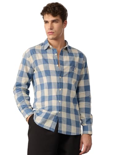 Image of The Souled Store: Blue Sails Men and Boys Long Sleeve Collared Neck Button Front Blue and Cream Checked Embroidered Regular Fit Cotton Linen Shirt