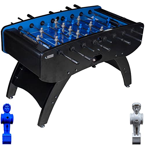RAMROXX Fußball Tischkicker Profi Schwarz mit Glasspielfeld Figuren Blau Grau 85kg