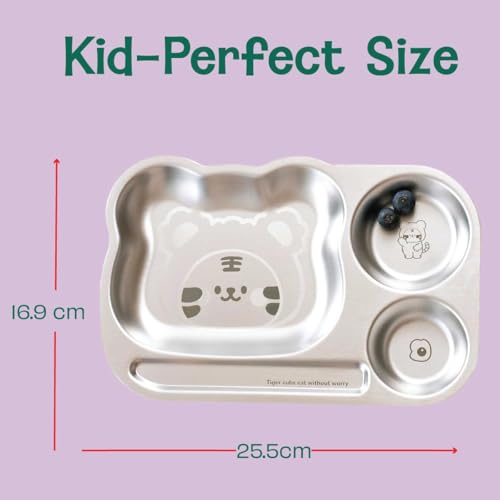 Image of Basil Stainless Steel Plate for Kids - Kids Plates for Food with 3 Compartments - Dinner Plates for Baby - Unbreakable Dinner Plates - Ideal for Birthday, Return Gifting - Funky Dinner Tiger Plate