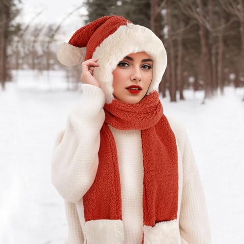 GERINLY Solid Color Hooded Scarf Hat with Mitten Pockets 3 in 1 Knit Winter Accessory3
