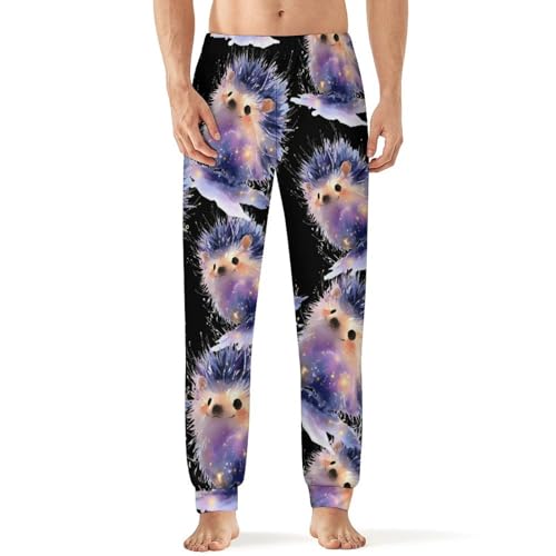 Watercolor Glowing Hedgehog Men's Pajama Bottoms Sleep Lounge Soft Comfy Pants Sleepwear