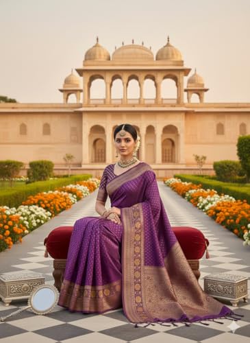 Image of Kanjivaram Silk Saree for Women - Handloom Floral Weaving, Contrast Border, Heavy Gold Zari Rich Pallu, Traditional Designer Wedding & Festive Saree with Blouse Piece