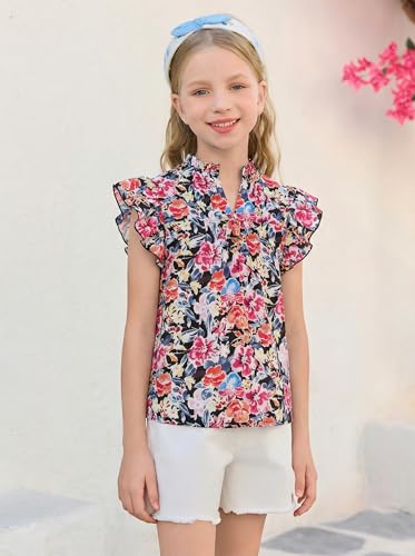 Image of Haloumoning Girls Ruffle Short Sleeve Floral Chiffon Blouses Kids Summer Shirts Tops 5-14 Years