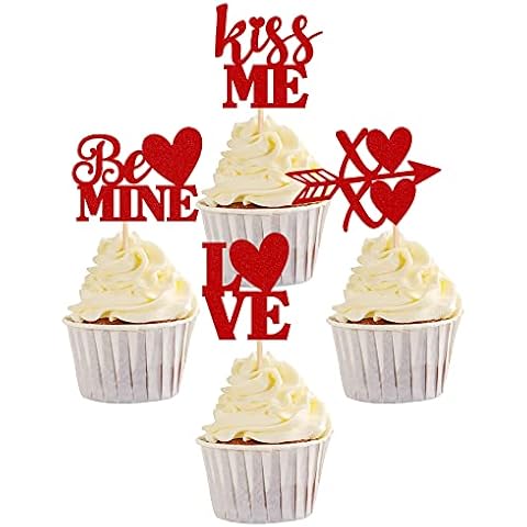 SYKYCTCY 24 Stück Valentinstags-Cupcake-Aufsätze mit rotem Glitzer, Kiss Me Be Mine XOXO Love Cupcake Essen Picks Valentinstag Thema Hochzeit Brautparty Geburtstag Party Kuchen Dekorationen Zubehör thumbnail