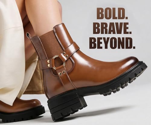 Image of LOUIS STITCH Women's High Ankle Boots| Round Buckle with Straps Slip-On Boots | Casual Slip-On Long Boots for Women | Casual & Formal Outings | LSLD-CLBT-RBTS