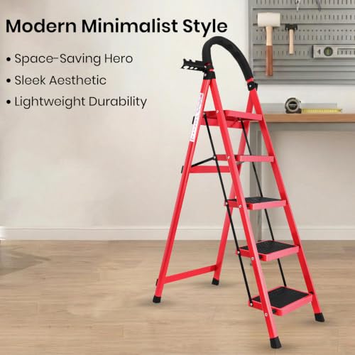 Image of Casa Copenhagen Red 5 Step Ladder for Home Use with Built-in Tool Tray | Heavy Duty D Shape Rods | Ultra Large Platform | Secure Lock and Stability | 150Kg Capacity Foldable Ladder - 7 Years Warranty