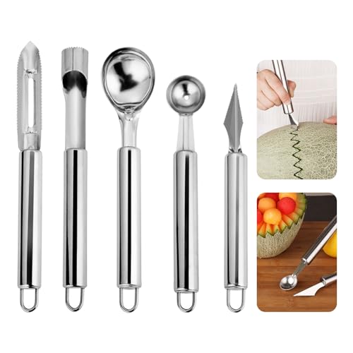 YIHAOH 5 Pieces Multifunctional Enleve Trognon Pomme, Stainless Steel Cuillère Parisienne, Cuillère à Boule de Melon pour Découper Une Large Gamme de...