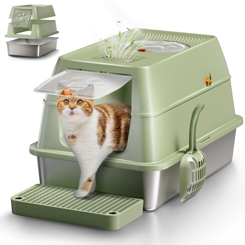 Image of Stainless Steel Cat Litter Box with Lid, XL Large Enclosed High Sided Litter Box with Removable Lid, Carbon Filters -Odor Free, Easy Cleaning, Anti-Urine Leakage for Big Cats -Green