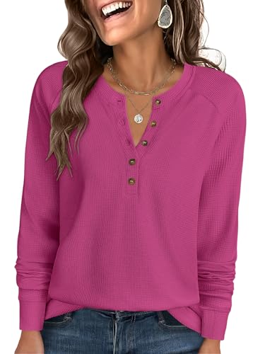 Image of ANRABESS Women's Waffle Knit Henley Top Long Sleeve Shirts