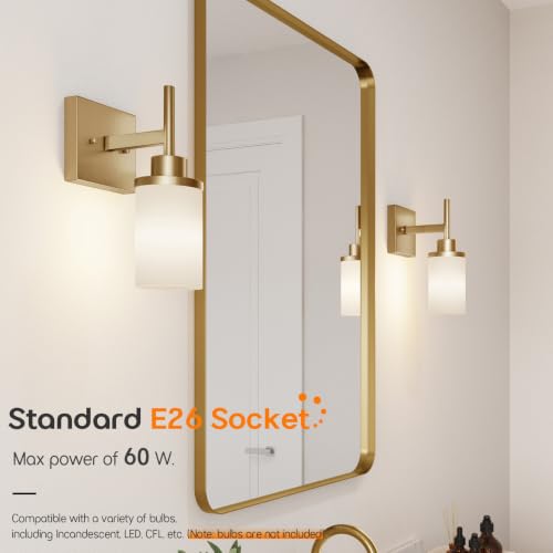 Image of Vanity Lighting Fixtures with White Frosted Glass Shade, Champagne Bronze Wall Lamps for Bathroom Mirror Bedroom Living Room Porch, 2 Pack T001CPG-L1-P2