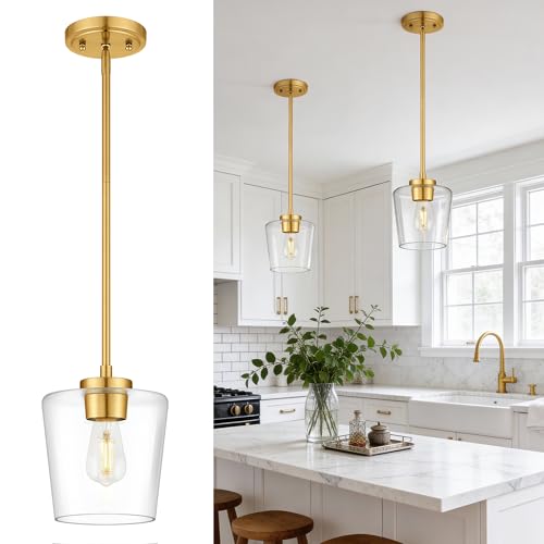 Image of 8 inch Brushed Gold Pendant Lights Kitchen Island, Clear Glass Shade