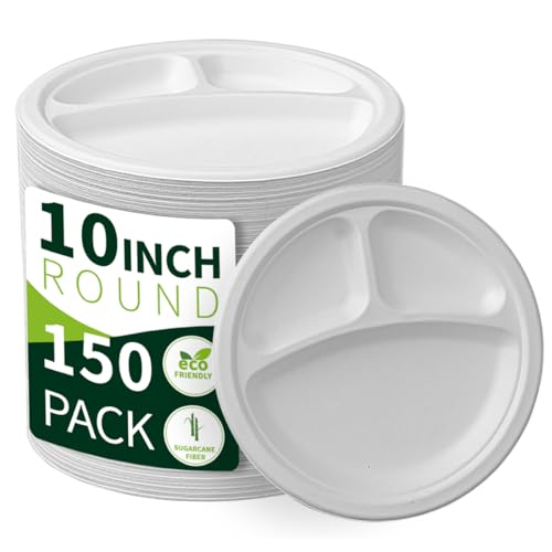 Lxins ECO 10 Inch 3 Compartment Paper Plates 【White 150 Pack】, Compostable Divided Plates, 100% Sugarcane Bagasse, Heavy Duty Disposable Plates for Party, BBQ, Picnic, Catering