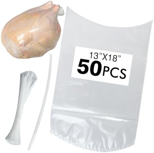 Anmboor Poultry Shrink Bags, chicken bag, 50Pack 13x18 Inches Clear Poultry Heat Shrink Wrap Freezer With 50 Zip Ties, a Silicone Straw for Chickens, Rabbits