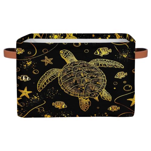Image of Gold Sea Turtle Square Storage Basket, Starfish Tropical Fish Fabric Storage Bin with Leather Handles Collapsible Storage Bin Nursery Hamper for Organizing Toys, Clothes, Books, Gift Baskets