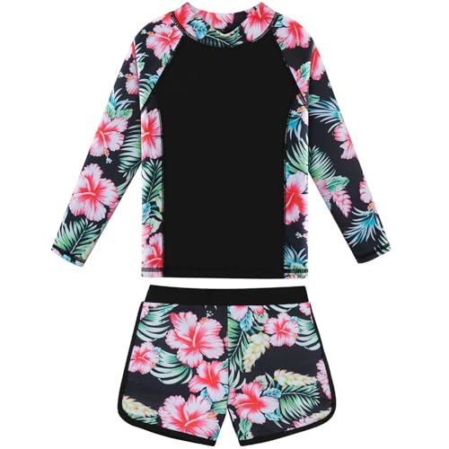 BAOHULU Girls Rash Guard Swimsuit Set 2 Pcs Long Sleeve Bathing Suit UPF 50+ Tankini Beach Swimwear Size 5-14 Years