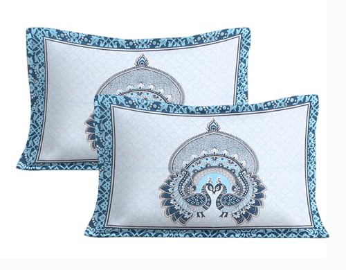 Image of JAIPUR PRINTS 100% Cotton Bedsheet for Double Size Bed Rajasthani Jaipuri Printed with 2 Pillow Covers 90x100 inch 235x215 cm (Blue)