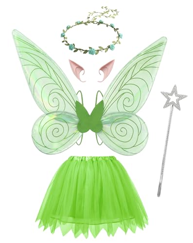 Feen Kostüm Damen Feenflügel Erwachsene Elfenohren Blumenkranz Halloween Kostüm Accessoires Karneval Geburtstag Weihnachten Rollenspiel Theme Party (Grün)