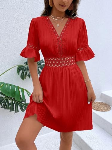 Image of Womens Summer Dresses V-Neck Lace Insert Flounce Casual Lightweight Sleeve Midi Dresses for Women 2025 Trendy