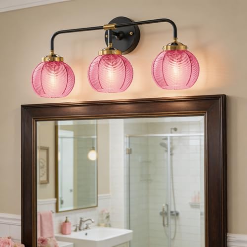Image of Glass Bathroom Vanity Light Red Ribbed Glass Wall Light Fixtures 3-Light 23.6 Inch Mid Century Bathroom Lights Fixture Globe Vanity Lamp Over Mirror Wall Sconce for Bedroom Hallway