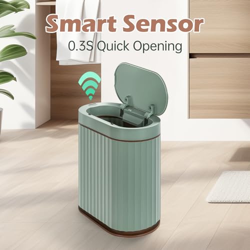 Image of ELPHECO Plastic Touchless Trash Can, Small, Gold, Motion-Sensor, Rectangular, Bathroom, Bedroom, Kitchen, Office (Sage Green, 2 Gallons)
