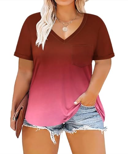 Image of TIYOMI Plus Size Tops for Women V Neck Tshirts Basic Tunic Casual Hawaii Floral Tie Dye Camo Summer Short Sleeve Tee XL-5XL