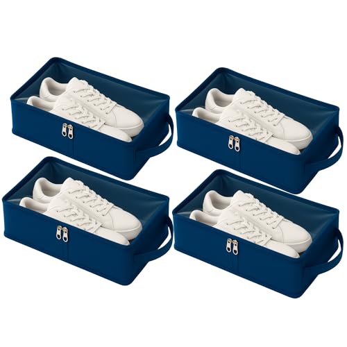 Image of Under Bed Storage Shoes Organizer Box with Clear Plastic Zippered Cover (Blue, Pack of 4) | Dustproof Shoe Bags for Travel & Home | Closet & Underbed Shoe Storage for Men & Women