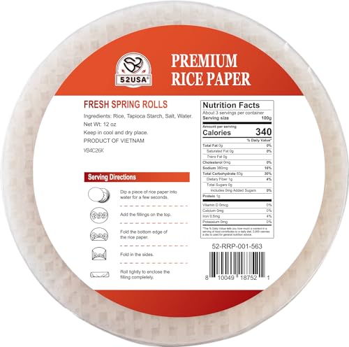 52USA Rice Paper, 1 Pack, 34 Sheets, Gluten-Free Wonton Wrappers, Vegan, Low Carb, Vietnamese Rice Wraps (Round, 22cm)