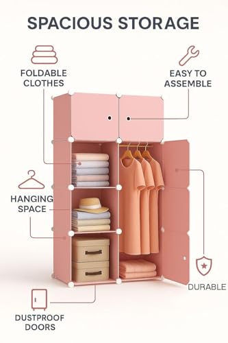 Image of Sunderlook Plastic Wardrobe for Kids Clothes - Professional Collapsible Wardrobe, Easy to Use Foldable Almirah, Plastic Cupboard for Kids for Home (Pink-X3, 8 Door)