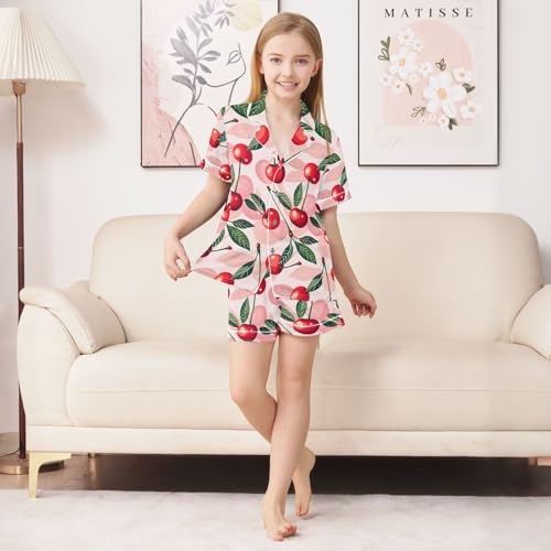 ALAZA Cherry Leaf Cute Pajamas Satin Pajama Set Short Sleeve Button Down Sleepwear3