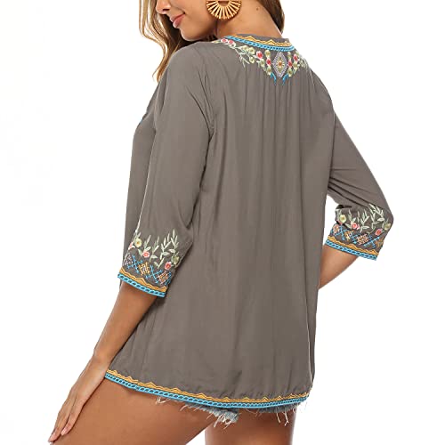 Seasonal Damen Stickerei Bluse Bohemian Herbst Tunika Bestickte Folklore Blusen Hippie Blumenmuster Oberteil 3/4 Arm Lose Tops (Medium, 054-Grau)