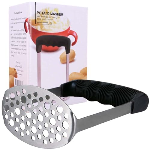 Starchef Masher Ricer, triturador de acero inoxidable con mango suave, triturador de frutas y verduras, triturador de patatas (negro)