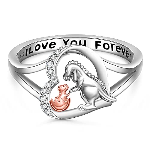 Fenthring Dinosaur Ring Heart Mothers Day Dino Rings for Women Friendship Sterling Silver I Love You Forever Animal Jewelry Band Gifts Size 6 7 8 9 10