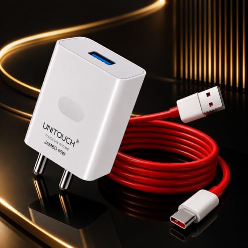 Image of 65W Super Fast Charger with USB-A to USB-C Cable | Fast Charging Adapter Compatible with OnePlus, Oppo, Realme, Vivo, Xiaomi, Samsung, Motorola & Android Smartphones | White