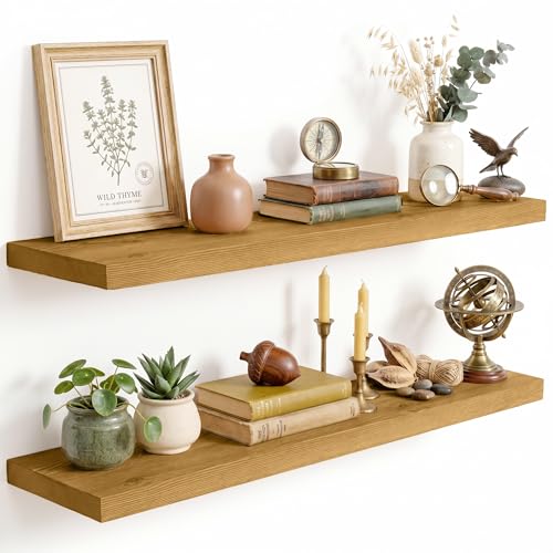 Image of Solid Wood Floating Shelves for Wall 40 inch,Natural Wooden Shelf Set of 2 | Rustic Wood Wall Floating Shelf with Invisible Brackets,Floating Wooden Shelves for Living Room,Bathroom,Bedroom,Kitchen