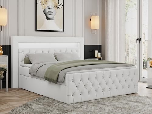 MKS MEBLE Boxspringbett 180x200 mit Led Weiß Kunstleder, Bett Polsterbett...