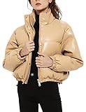 Tanming Womens Faux Leather Puffer Jacket Winter Long Sleeve Black Short Bubble Coat (Khaki-X-Small)