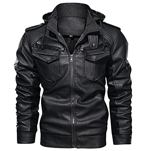 Men'S Retro Detachable Hat Bomber Leather Jacket With Velvet And Zipper Pocket Splicing Coat