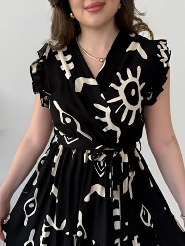 Image of KZULLY | Dress for Women | Feminine Cross Tie Long | Soft Frill Arm Detail Look | Stylish Allover Print Wear
