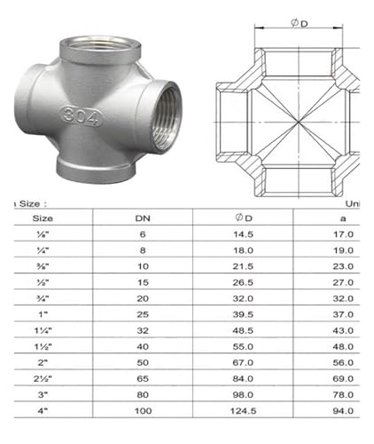 Conector cruzado de 4 vías con rosca hembra de 3/8" para tuberías SS304 6