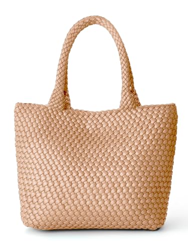 Image of Woven Tote Bag for Women, Fashion Woven Bags for Women Vegan Leather Shoulder Handbags Large Summer Beach Travel Bag